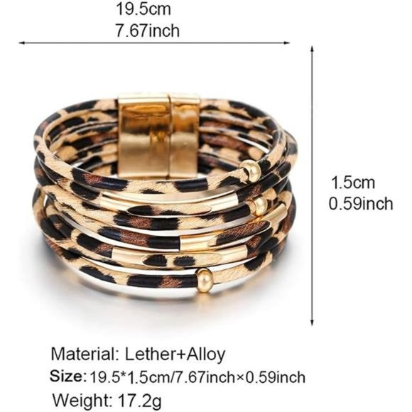 Leopard Bracelet for Women, Boho Leather Wrap Multi-Layer Pearl Crystal Bracelet - Picture 2 of 6